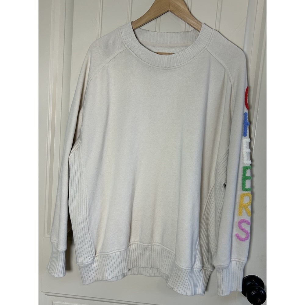 Aerie Oversized Relaxed Sweatshirt Sz S Cream Cheers Embroidered Chic Colorful - Picture 1 of 8